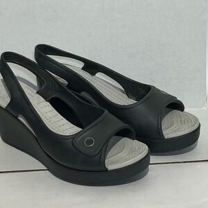Crocs Women's Havana Black Peep Toe Wedge Heel Slingback Sandals Size 8